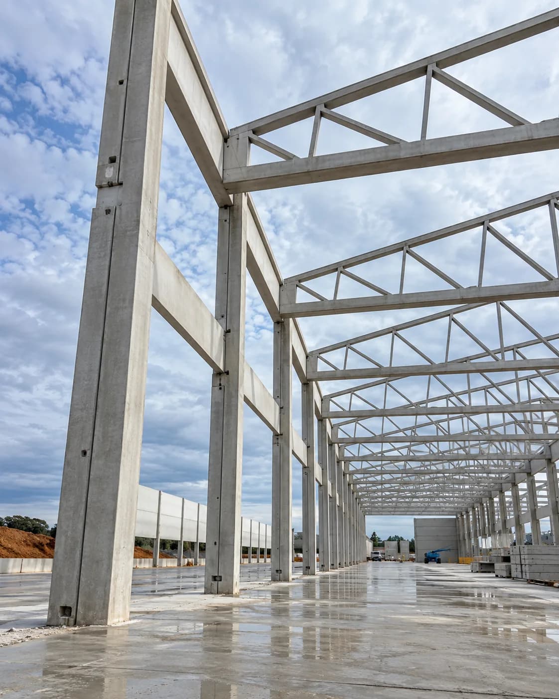 Estrutura editorial de galpão pré-moldado em construção